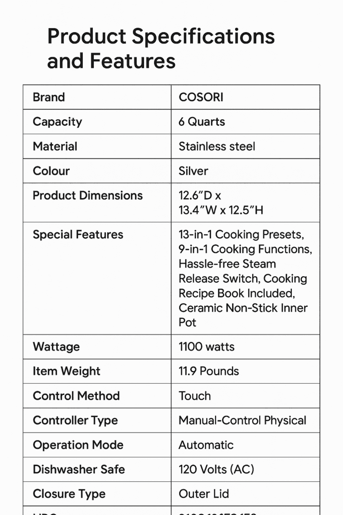 Product Specifications and Features of Cosori Pressure Cooker